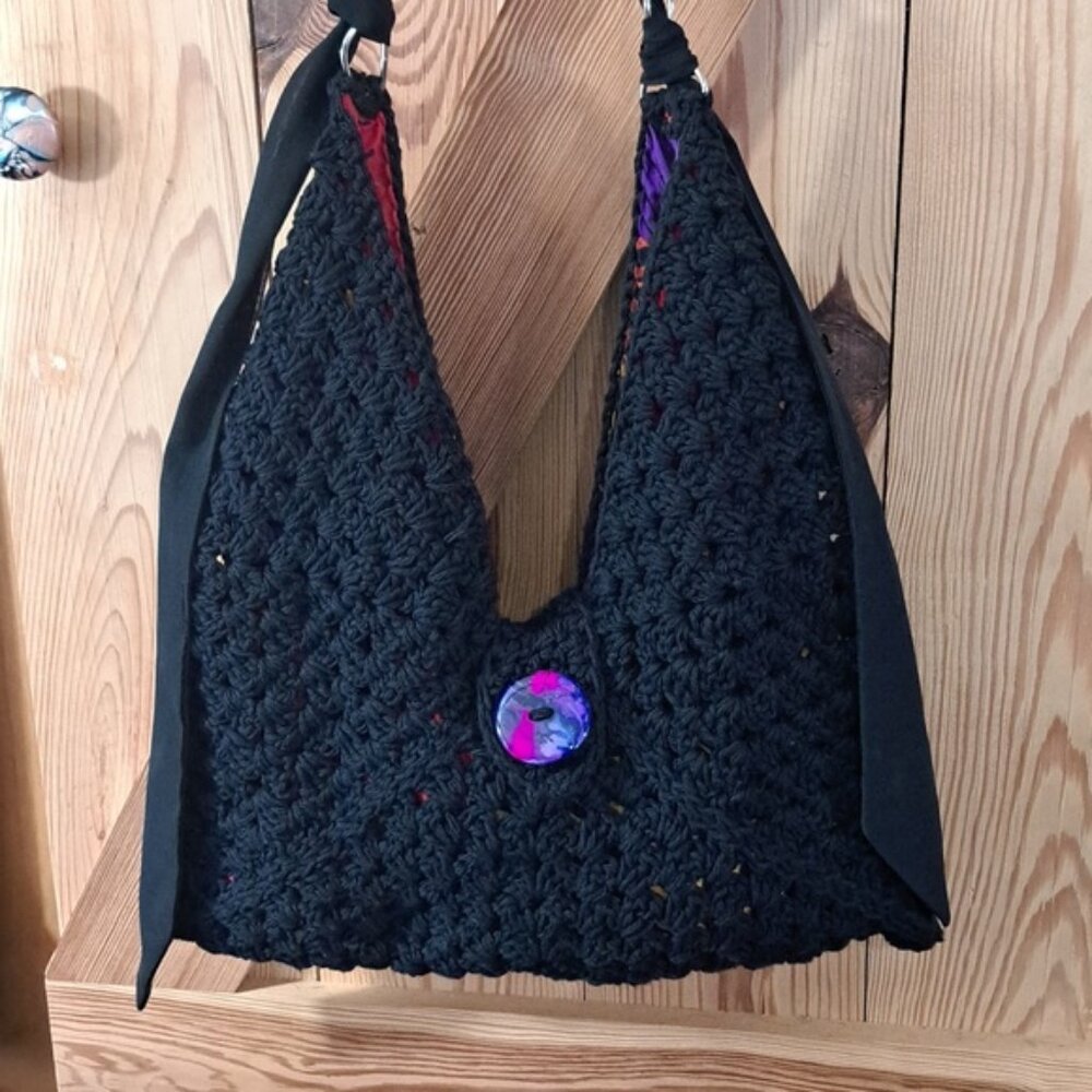 Hand Crafted Crochet Granny Square Three Triangle Cotton Bag Purse Tote - Picture 13 of 15
